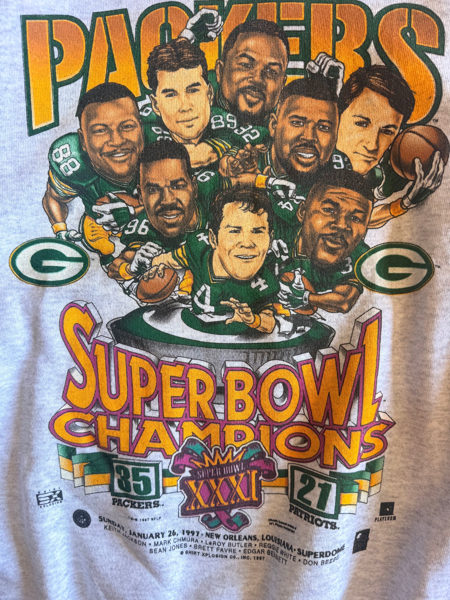 1997 Green Bay Packers Super Bowl XXXI Champions Caricature Sweatshirt (L)